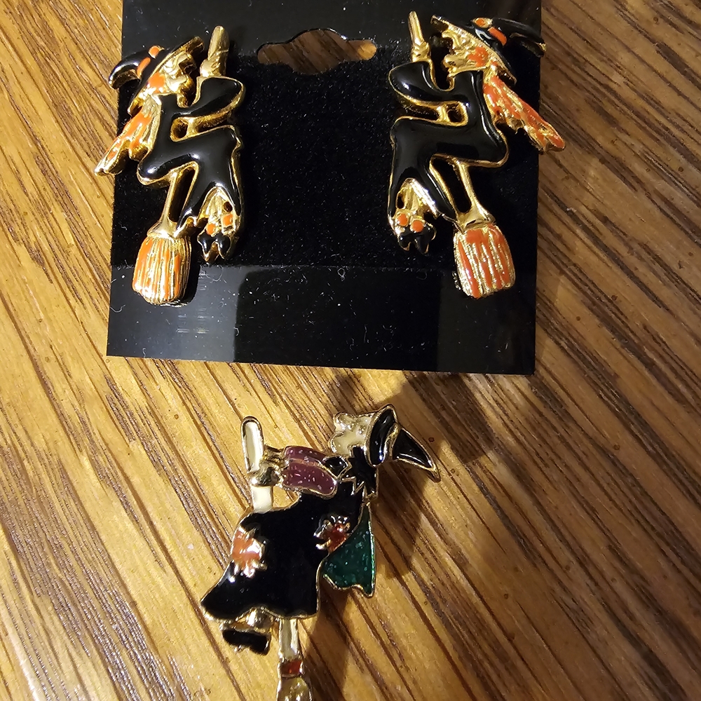 Designer Witch-on-Broom Earrings & Brooch Set
